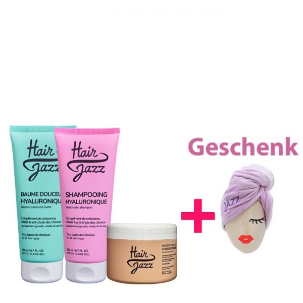 Hair Jazz Haarwachstums- und Reparaturset: Shampoo, Spülung, Maske + Haarturban als Geschenk